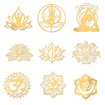 9Pcs 9 Styles Chakra Nickel Self-adhesive Picture Stickers, Golden, Mixed Patterns, 40x40mm, 1pc/style