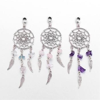 Alloy European Dangle Charms, Woven Net/Web with Feather, with Natural Gemstone Beads, Antique Silver, 95mm, Hole: 4.5mm