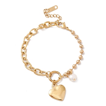 Heart and Natural Pearl Charms Bracelet with 304 Stainless Steel Chains for Women, Golden, 6-7/8 inch(17.4cm)