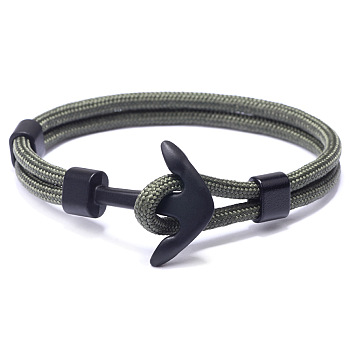 Polyester Cord Multi-strand Bracelets, with Alloy Anchor Clasps, Gunmetal, Dark Olive Green, 21cm