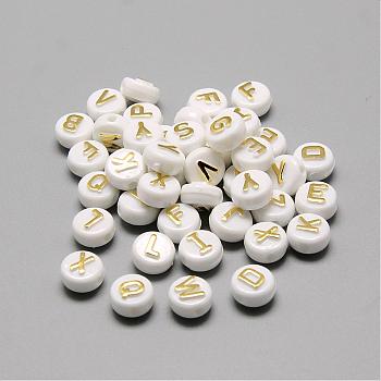 Plating Acrylic Beads, Golden Metal Enlaced, Horizontal Hole, Mixed Letters, Flat Round, Gold, 9.5~10x6mm, Hole: 2mm, about 1532pcs/500g