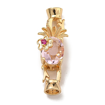 Brass Micro Pave Cubic Zirconia Fold Over Clasps, Pineapple, Real 18K Gold Plated, Pearl Pink, 31x10.5x11mm, Hole: 4mm