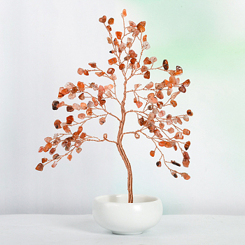 Undyed Natural Carnelian Chips Tree of Life Display Decorations, with Porcelain Bowls, Copper Wire Wrapped Feng Shui Ornament for Fortune, 145x205mm