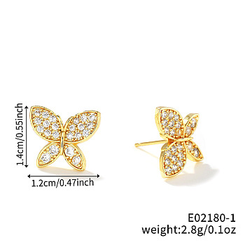 Shiny and Simple Brass Stud Earrings, with Rhinestones, Golden, Butterfly, 14x12mm