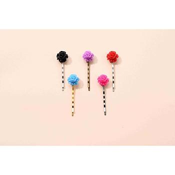 Iron Hair Bobby Pins, with Resin Cabochons, Rose Flower, Mixed Color, 55mm