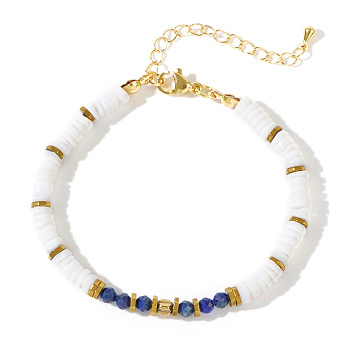 Natural Lapis Lazuli Beaded Bracelets, White Shell Chips Bracelets for Women, with  Iron Hematite Beads, Inner Diameter: 6-1/2 inch(16.5cm)~6-3/4 inch(17cm)