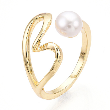 Brass Hollow Heart Open Cuff Rings with Natural Pearl, Real 18K Gold Plated, Inner Diameter: 17mm