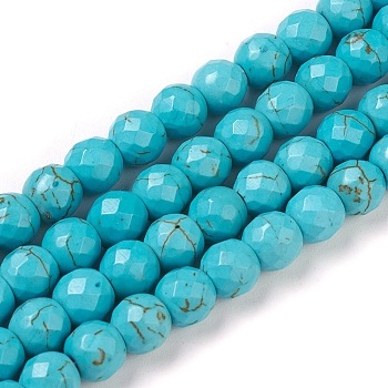 Synthetic Turquoise Beads Strands, Dyed, Faceted, Round, 8x7~7.5mm, Hole: 1mm, about 50pcs/strand, 13.8 inch(35.2cm)