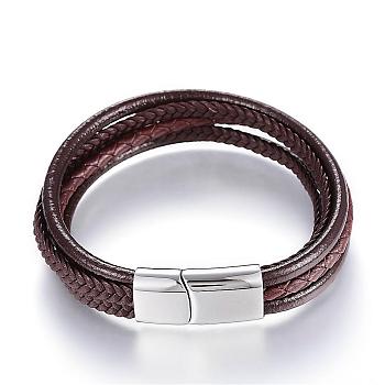 Leather Cord Multi-strand Bracelets, with 304 Stainless Steel Magnetic Clasps, Coconut Brown, 8-1/4 inch(215mm)x12x6mm
