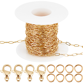 DIY Chain Bracelet Necklace Making Kit, Including Brass Paperclip Chains & Jump Rings, 304 Stainless Steel Lobster Claw Clasps, Real 18K Gold Plated, Chain: 5M/set