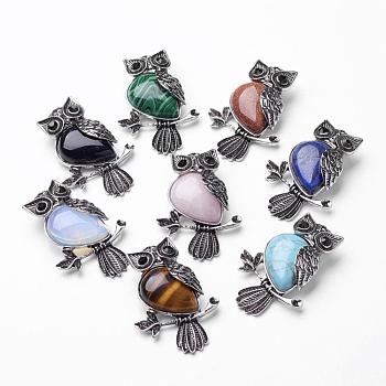 Natural or Synthetic Natural & Synthetic Mixed Stone Pendants, Big Pendants, with Alloy Rhinestone Findings, Owl, Antique Silver, 50x35x14mm, Hole: 6x9mm