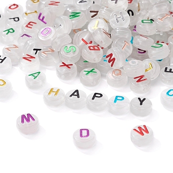 150Pcs Luminous Acrylic Beads, Horizontal Hole, Flat Round with Random Mixed Letters, Mixed Color, 10x6mm, Hole: 2mm
