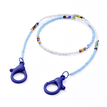 Personalized Beaded Necklaces, with Evil Eye Lampwork Round Beads, Glass Seed Beads and Plastic Lobster Claw Clasps, Blue, 24.21 inch(61.5cm)