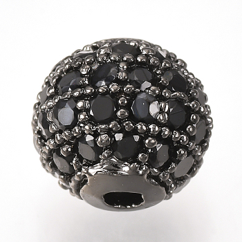 Brass Micro Pave Cubic Zirconia Beads, Round, Black, Gunmetal, 10mm