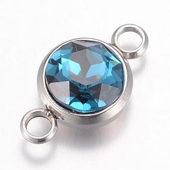K9 Glass Links connectors, Faceted, with 304 Stainless Steel Findings, Flat Round, Stainless Steel Color, Blue Zircon, 17.5x10x6.5mm, Hole: 2.5mm