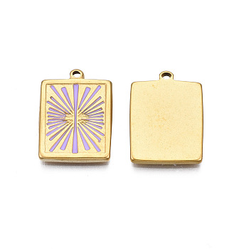 304 Stainless Steel Enamel Pendants, Real 18K Gold Plated, Rectangle with Sun, Lilac, 21x15.5x2mm, Hole: 1.4mm