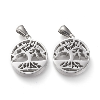 304 Stainless Steel Pendants, Manual Polishing, Flat Round with Hollow Tree of Life, Stainless Steel Color, 20.5x17.5x3.5mm, Hole: 3x6mm