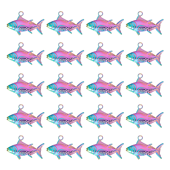 20Pcs Ion Plating(IP) 304 Stainless Steel Pendants, Fish Charms, Rainbow Color, 19x29x3mm, Hole: 3mm