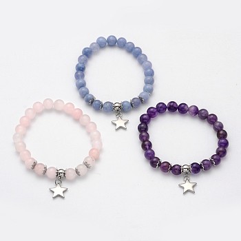 Natural Mixed Stone Beaded Star Charm Stretch Bracelets, with Stainless Steel Findings, 54mm