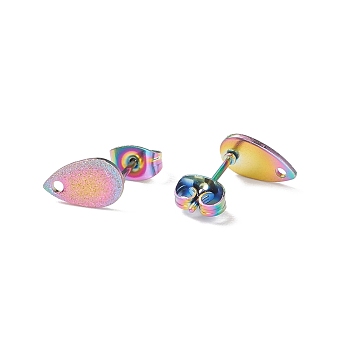 Ion Plating(IP) 304 Stainless Steel Stud Earring Findings, Textured, Teardrop, Rainbow Color, 10x6x0.7mm, Hole: 1.2mm, Pin: 0.7mm