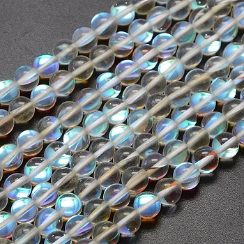 Synthetic Moonstone Beads Strands, Dyed, Holographic Beads, Half AB Color Plated, Round, White, 6mm, Hole: 1mm, about 64pcs/strand, 15 inch