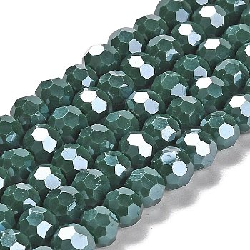 Electroplate Opaque Glass Beads Strands, Faceted(32 Facets), AB Color, Round, Dark Green, 8mm, Hole: 1mm, about 66~69pcs/strand, 19.29~19.57 inch(49~49.7cm)