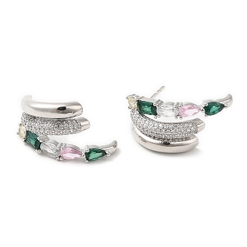 Emerald Rhinestone Claw Stud Earrings, Brass Earrings for Women, Lead Free & Cadmium Free, Platinum, 13x25mm