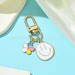 Alloy Enamel Pendant Decorations, with Alloy Swivel Clasps, Smiling Face & Flower, White, 57mm(HJEW-YW00008-01)