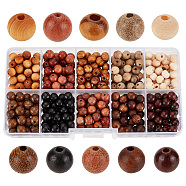 Elite Natural Wood Beads Sets, Round, Mixed Color, 6~6.5mm, Hole: 1~2mm, 48~50pcs/style, 10 styles, 500pcs/box(WOOD-PH0002-51B)