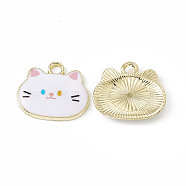 Painted Alloy Pendants, Cat Charm, Cadmium Free & Nickel Free & Lead Free, Golden, White, 18x20x2.5mm, Hole: 2.3mm(PALLOY-P288-02G-07)