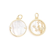 Brass Micro Pave Cubic Zirconia Pendants, with Natural Shell and Jump Ring, Flat Round with Twelve Constellations, Golden, Virgo, 17.5x15x2.5mm, Hole: 3.5mm(ZIRC-E164-36H-G)
