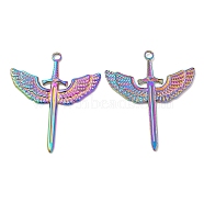 304 Stainless Steel Pendants, Sword with Wing Charm, Rainbow Color, 41.5x35.5x2mm, Hole: 3mm(STAS-Z041-31RC)