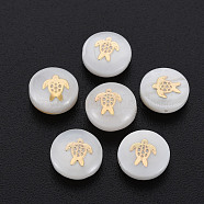 Natural Freshwater Shell Beads, with Golden Plated Brass Metal Embellishments, Flat Round with Tortoise, Seashell Color, 8x3.5mm, Hole: 0.7mm(SHEL-S278-061)