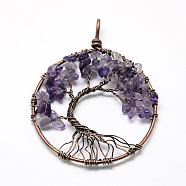 Natural Amethyst Chip Big Pendants, with Brass Wires, Tree, Red Copper, 62~65x48~53x5~10mm, Hole: 4mm(G-R440-R05)