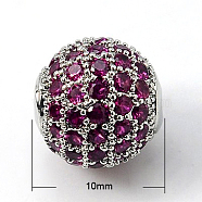 Brass Cubic Zirconia Beads, Round, Platinum, 10mm, Hole: 1.5mm(ZIRC-D009-05P)