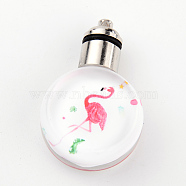 Glass Luminous Pendants, Cadmium Free & Lead Free, Built-in Battery, with Alloy Findings, Flat Round with Flamingo Pattern, Platinum, Cerise, 38x24.5x12mm, Hole: 1.5mm(X-GGLA-S035-059)