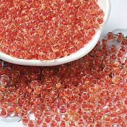 Transparent Glass Round Seed Beads, Inside Colours, Round, Orange Red, 6/0, 4x3mm, Hole: 1.2mm, about 7258pcs/pound(SEED-B001-05A-24)