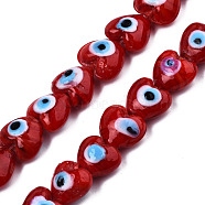 Handmade Evil Eye Lampwork Beads Strands, Heart, Dark Red, 12~12.5x12~13x7.5mm, Hole: 1.2mm, about 33pcs/strand, 14.76 inch(37.5cm)(LAMP-N029-010I)