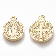 Brass Charms, for Religion, Nickel Free, Flat Round with Saint Benedict Medal, Real 18K Gold Plated, 13x10.5x1.5mm, Hole: 1mm(KK-S355-006G-NF)