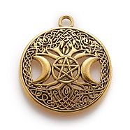Tibetan Style Hollow Alloy Pendants, Lead Free & Cadmium Free, Flat Round withTriple Moon Goddess, Pagan Jewelry, Antique Golden, 39x34x1.5mm, Hole: 3mm(X-TIBEP-F075-01AG-RS)