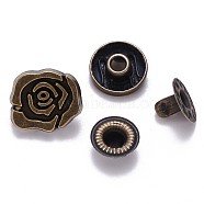 Brass Snap Buttons, Alloy Cap, Garment Buttons, Cadmium Free & Lead Free, Rose Flower, Antique Bronze, Cap: 14x13mm, Pin: 3mm, Stud: 10x4mm, knob: 4.5mm & 10x6.5mm, knob: 3.5mm, Socket: 12x4mm, half-drill: 5mm(X-SNAP-S012-007-RS)