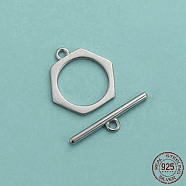 Rhodium Plated 925 Sterling Silver Toggle Clasps, Hexagon, Platinum, Hexagon: 13.2mm, Hole: 1.4mm, Bar: 16.8mm, Hole: 1.4mm(STER-NH0001-37P)