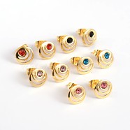 Flat Round Golden Tone 304 Stainless Steel Rhinestone Ear Studs, Mixed Color, 9mm, Pin: 0.6mm(EJEW-M050-08)