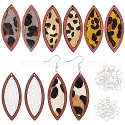 Olycraft 10Pcs 5 Style Eco-Friendly Cowhide Leather Big Pendants, with Dyed Wood, Horse Eye, with Iron Open Jump Rings & Earring Hooks, Mixed Color, 53x22x4mm, Hole: 1.2mm, 2pcs/style(FIND-OC0001-89)