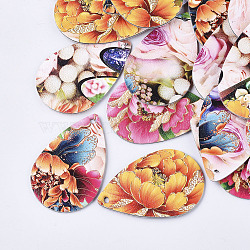 PU Leather Big Pendants, Double-Sided Flower Pattern, Teardrop, Colorful, 58x37.5x1.5mm, Hole: 2mm(FIND-T059-003E)