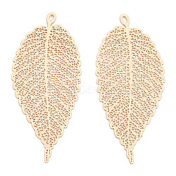 Rack Plating Brass Filigree Big Pendants, Long-Lasting Plated, Leaf Charm, Nickel Free, Light Gold, 55.5x24x0.4mm, Hole: 1.4mm(KKC-T001-55KC)