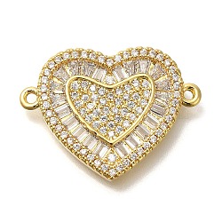 Rack Plating Brass Micro Pave Clear Cubic Zirconia Heart Links Connector Charm, Long-Lasting Plated, Cadmium Free & Lead Free, Real 18K Gold Plated, 19x25.5x3mm, Hole: 1.2mm(KK-P287-52G-03)