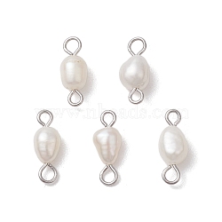 Natural Freshwater Pearl Potato Connector Charms, with 304 Stainless Steel Double Loops, White, Stainless Steel Color, 11x4.5x4.5mm, Hole: 2mm(PALLOY-JF03201-02)