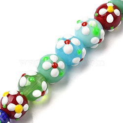 Handmade Lampwork Beads Strands, with Enamel, Round with Flower, Mixed Color, 11x9.5mm, Hole: 1.4mm, about 36pcs/strand, 13.58''(34.5cm)(LAMP-A154-05K)