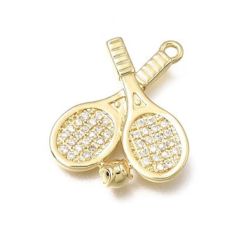 Brass Micro Pave Clear Cubic Zirconia Pendants, Tennis Racket Charms, Rack Plating, Long-Lasting Plated, Lead Free & Cadmium Free, Real 18K Gold Plated, 20~20.5x17.5~18x4mm, Hole: 1.2mm